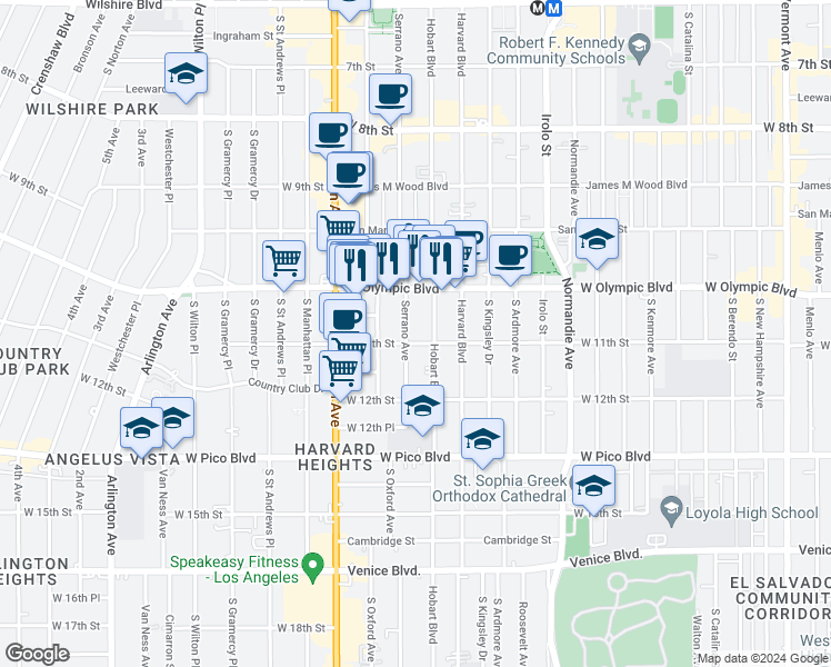 map of restaurants, bars, coffee shops, grocery stores, and more near 1046 Serrano Avenue in Los Angeles