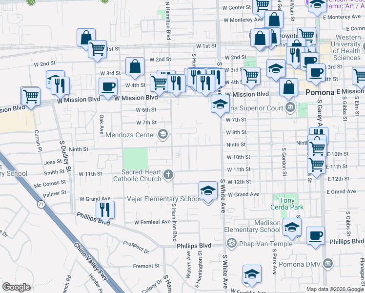 map of restaurants, bars, coffee shops, grocery stores, and more near 1073 West 9th Street in Pomona