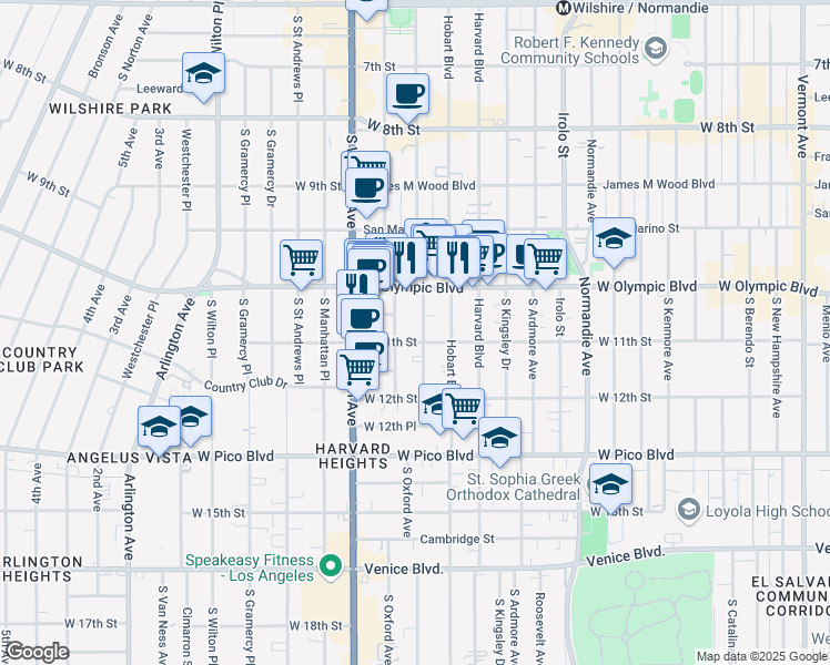 map of restaurants, bars, coffee shops, grocery stores, and more near 1055 Serrano Avenue in Los Angeles