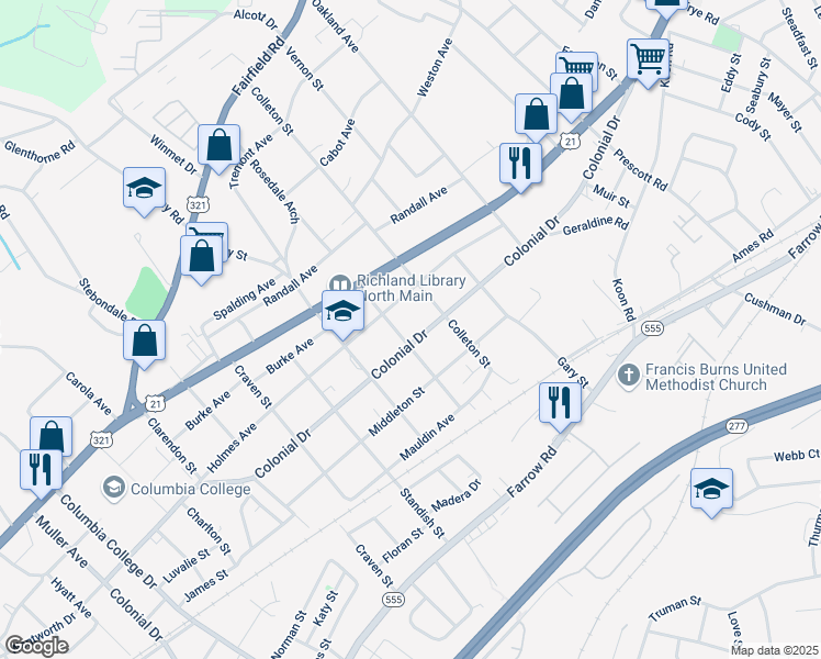 map of restaurants, bars, coffee shops, grocery stores, and more near 5404 Holmes Avenue in Columbia