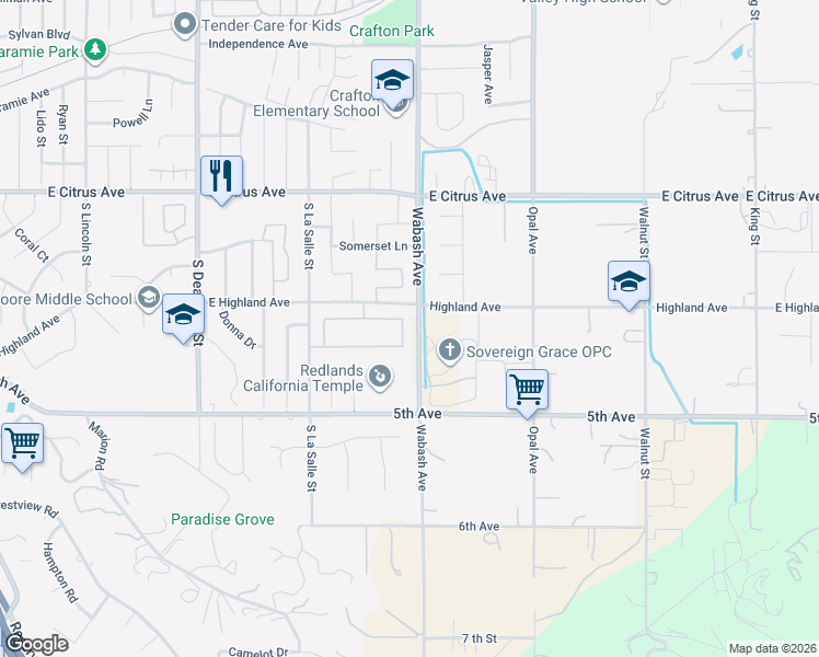 map of restaurants, bars, coffee shops, grocery stores, and more near 220 Eastpark Lane in Redlands