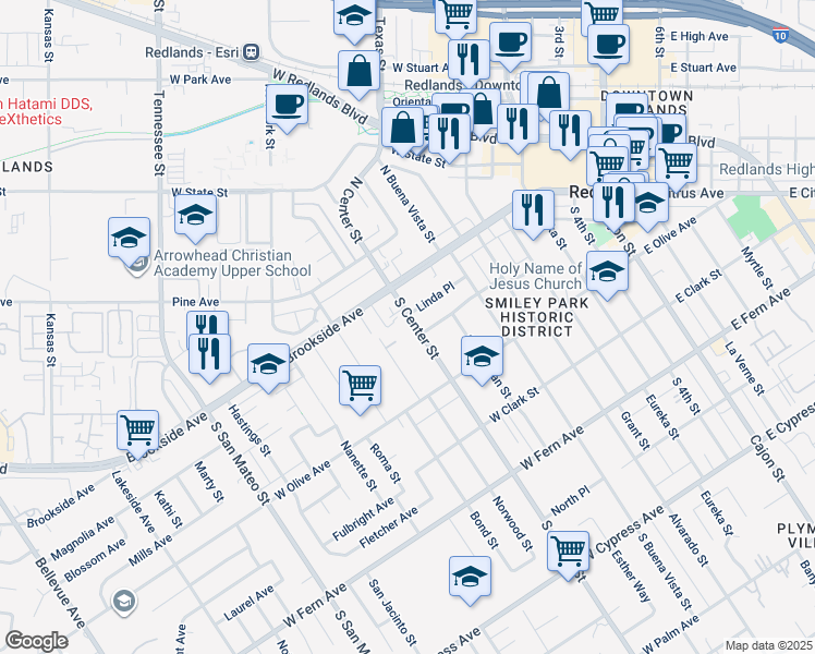 map of restaurants, bars, coffee shops, grocery stores, and more near 40 South Center Street in Redlands