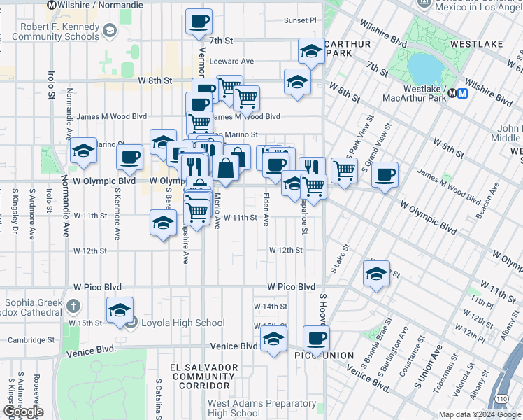 map of restaurants, bars, coffee shops, grocery stores, and more near 1041 Elden Avenue in Los Angeles