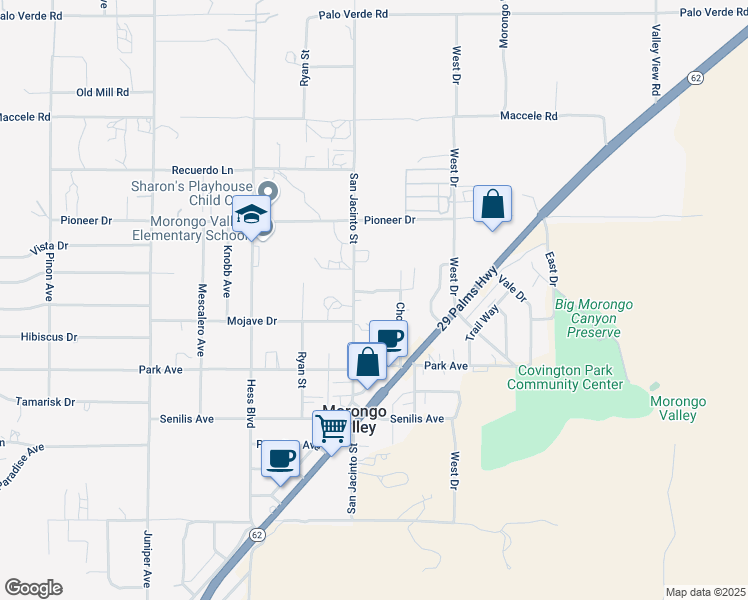 map of restaurants, bars, coffee shops, grocery stores, and more near 49754 Edison Lane in Morongo Valley