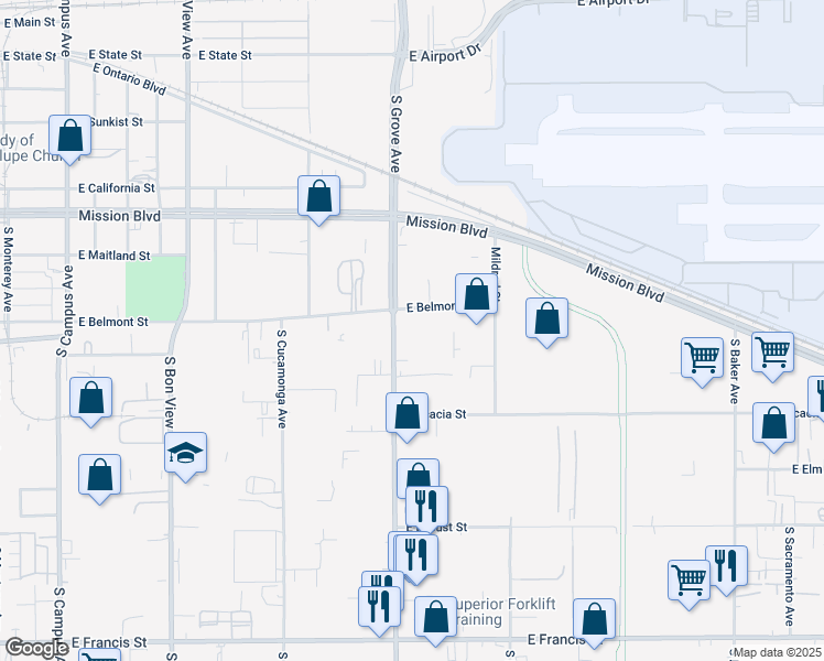 map of restaurants, bars, coffee shops, grocery stores, and more near 1115 South Grove Avenue in Ontario