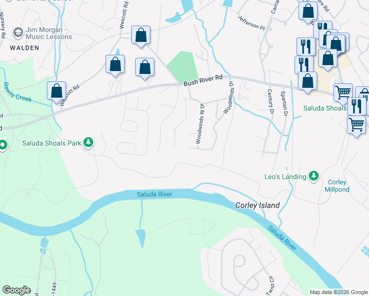 map of restaurants, bars, coffee shops, grocery stores, and more near 286 Woodwinds Drive in Columbia