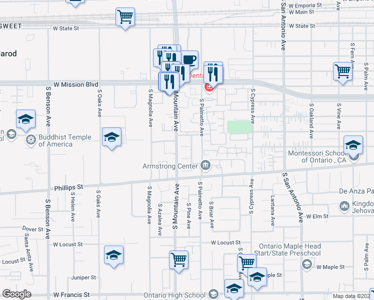 map of restaurants, bars, coffee shops, grocery stores, and more near 1033 West Sunsong Court in Ontario