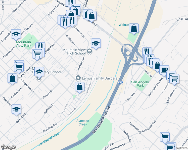 map of restaurants, bars, coffee shops, grocery stores, and more near 12700 Elliott Avenue in El Monte