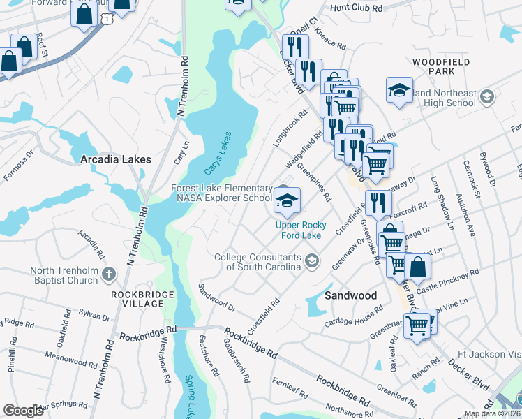 map of restaurants, bars, coffee shops, grocery stores, and more near 6705 Wedgefield Road in Columbia