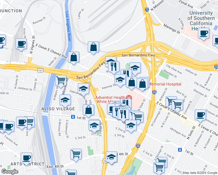 map of restaurants, bars, coffee shops, grocery stores, and more near 1706 Kearney Street in Los Angeles