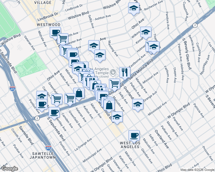 map of restaurants, bars, coffee shops, grocery stores, and more near 1738 Malcolm Avenue in Los Angeles