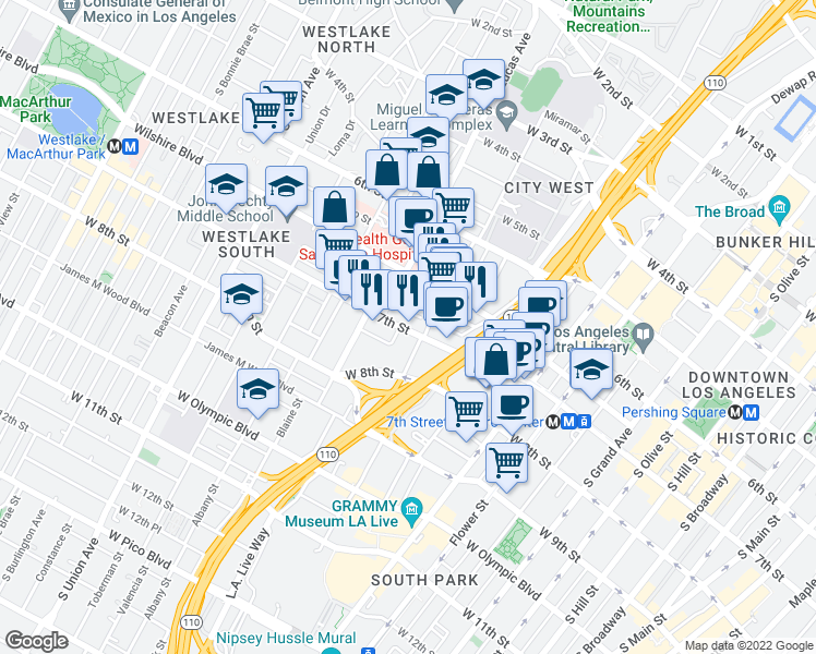 map of restaurants, bars, coffee shops, grocery stores, and more near 1117 West 7th Street in Los Angeles