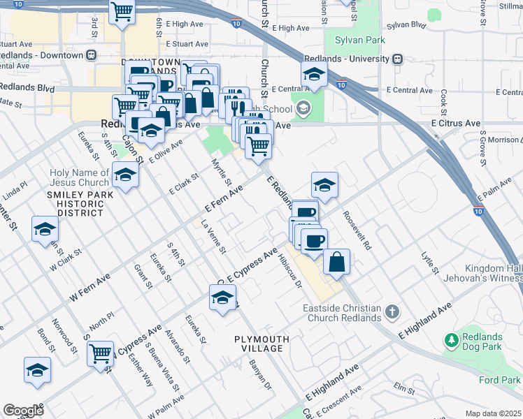 map of restaurants, bars, coffee shops, grocery stores, and more near 250 East Fern Avenue in Redlands