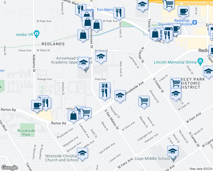 map of restaurants, bars, coffee shops, grocery stores, and more near 1125 Pine Avenue in Redlands