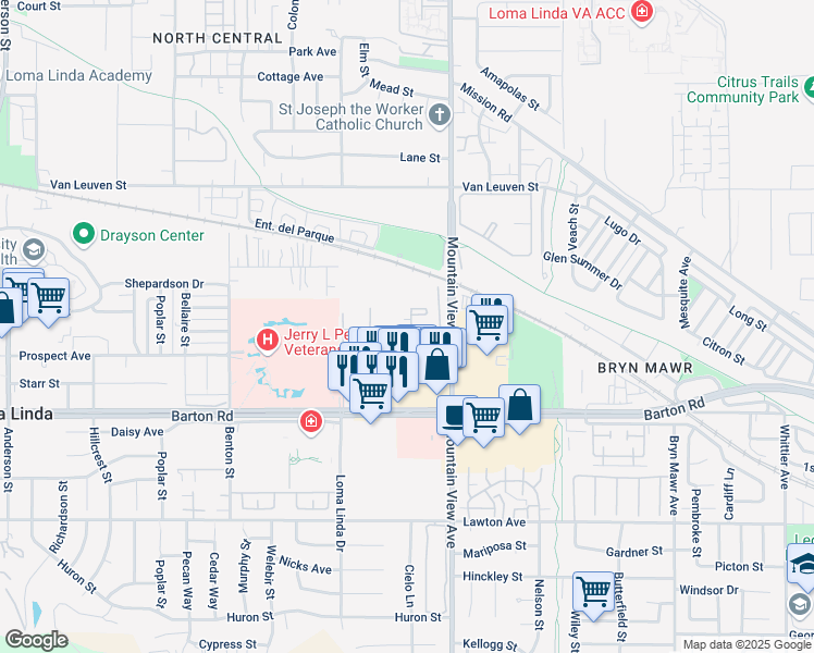 map of restaurants, bars, coffee shops, grocery stores, and more near 25590 Prospect Avenue in Loma Linda