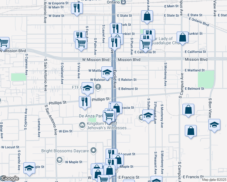 map of restaurants, bars, coffee shops, grocery stores, and more near in Ontario