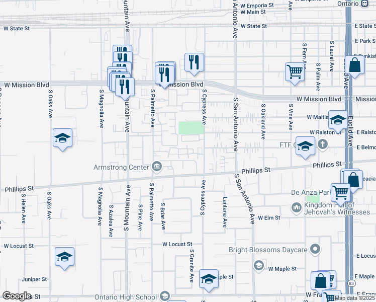 map of restaurants, bars, coffee shops, grocery stores, and more near 1220 South Cypress Avenue in Ontario