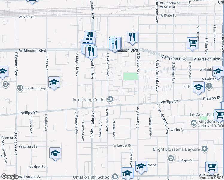 map of restaurants, bars, coffee shops, grocery stores, and more near 1205 South Palmetto Avenue in Ontario