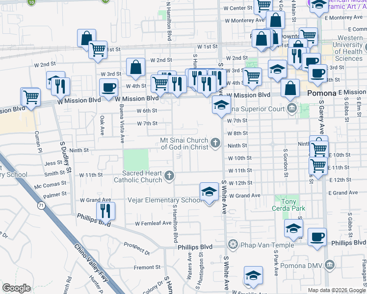 map of restaurants, bars, coffee shops, grocery stores, and more near 1073 West 9th Street in Pomona