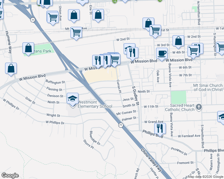 map of restaurants, bars, coffee shops, grocery stores, and more near 1607-1613 Meserve Street in Pomona