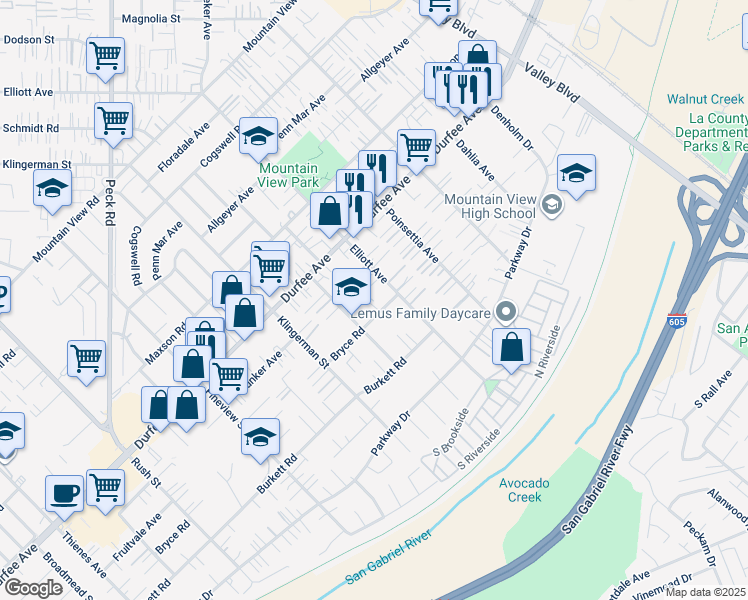 map of restaurants, bars, coffee shops, grocery stores, and more near 12349 Felipe Street in El Monte