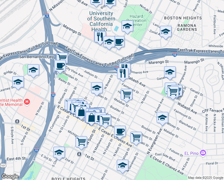 map of restaurants, bars, coffee shops, grocery stores, and more near 616 North Breed Street in Los Angeles