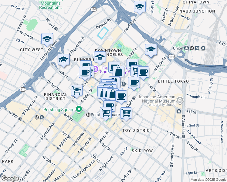 map of restaurants, bars, coffee shops, grocery stores, and more near 245 South Broadway in Los Angeles