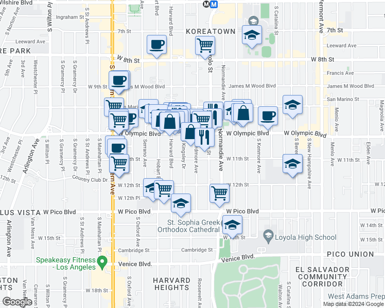 map of restaurants, bars, coffee shops, grocery stores, and more near 1038 South Ardmore Avenue in Los Angeles