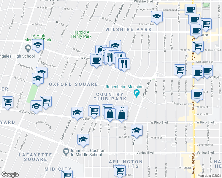 map of restaurants, bars, coffee shops, grocery stores, and more near 3816 Country Club Drive in Los Angeles