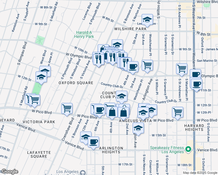 map of restaurants, bars, coffee shops, grocery stores, and more near 3816 Country Club Drive in Los Angeles