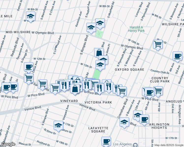 map of restaurants, bars, coffee shops, grocery stores, and more near 1218 South Muirfield Road in Los Angeles