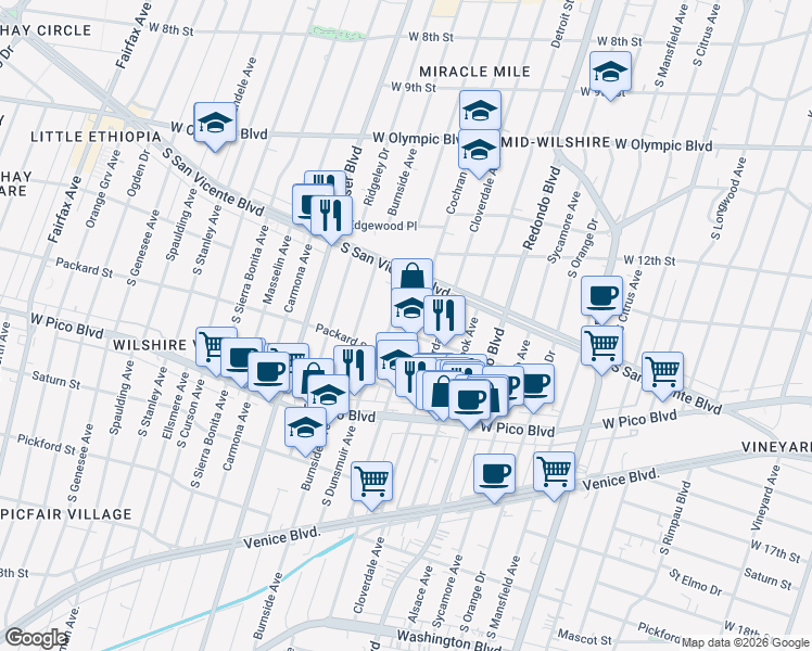 map of restaurants, bars, coffee shops, grocery stores, and more near 1281 South Cochran Avenue in Los Angeles