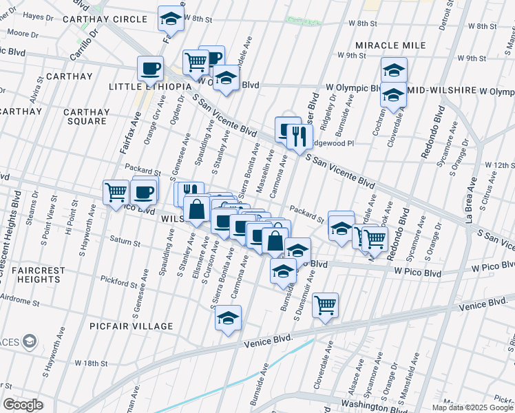 map of restaurants, bars, coffee shops, grocery stores, and more near 5540 Packard Street in Los Angeles