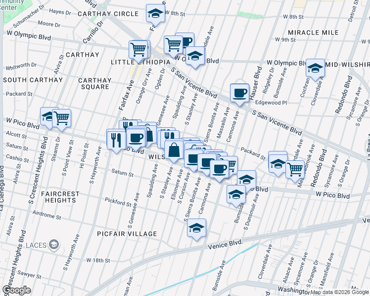 map of restaurants, bars, coffee shops, grocery stores, and more near 1326 South Stanley Avenue in Los Angeles