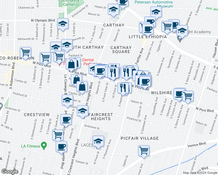map of restaurants, bars, coffee shops, grocery stores, and more near 1420 South Point View Street in Los Angeles