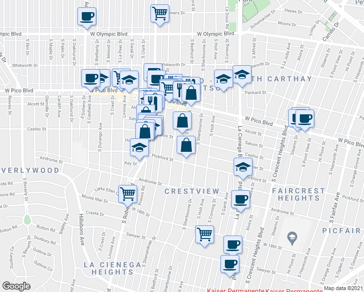 map of restaurants, bars, coffee shops, grocery stores, and more near in Los Angeles