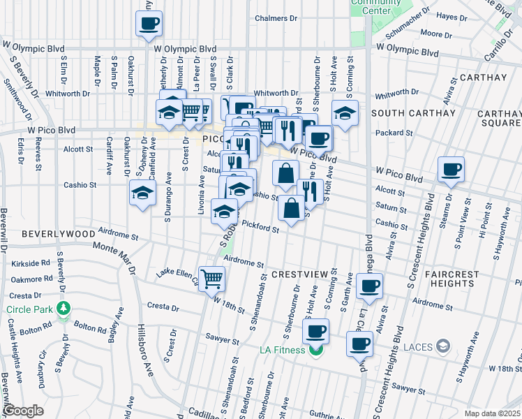 map of restaurants, bars, coffee shops, grocery stores, and more near 1518 South Robertson Boulevard in Los Angeles