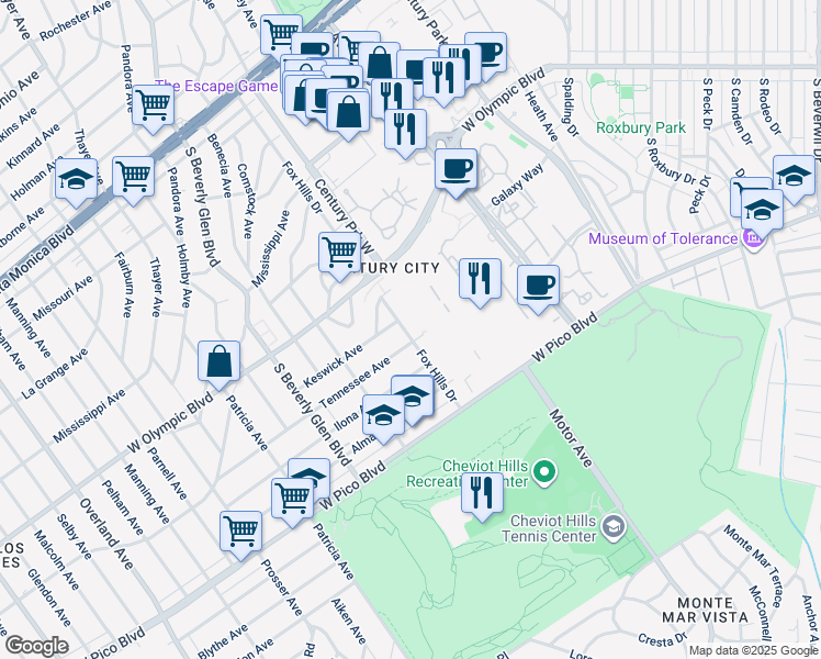 map of restaurants, bars, coffee shops, grocery stores, and more near 2272 Fox Hills Drive in Los Angeles