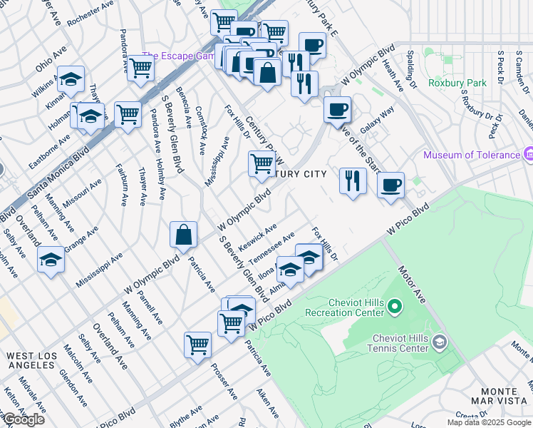 map of restaurants, bars, coffee shops, grocery stores, and more near 10355 Westwood Boulevard in Los Angeles