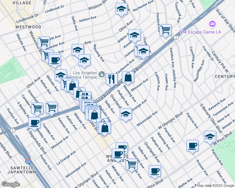 map of restaurants, bars, coffee shops, grocery stores, and more near 1827 Manning Avenue in Los Angeles
