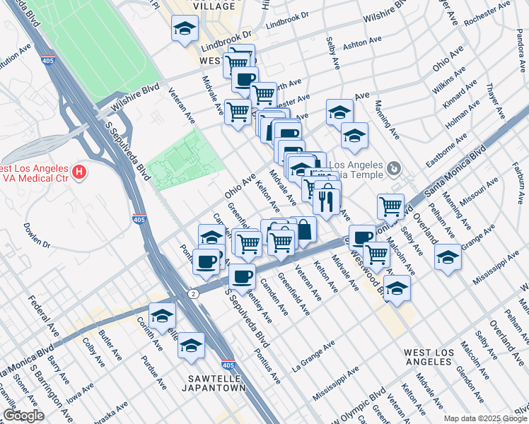 map of restaurants, bars, coffee shops, grocery stores, and more near 1565 Kelton Avenue in Los Angeles