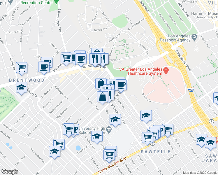 map of restaurants, bars, coffee shops, grocery stores, and more near 1145 Barry Avenue in Los Angeles