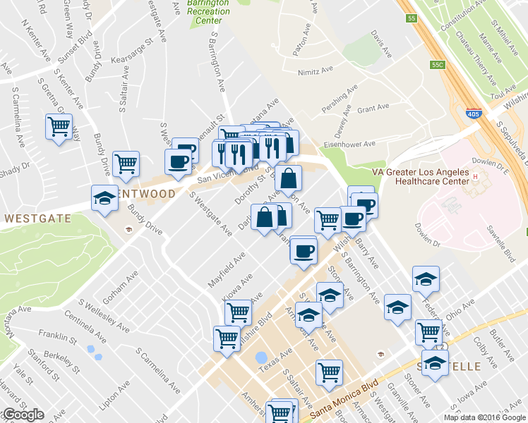 map of restaurants, bars, coffee shops, grocery stores, and more near 11753 Mayfield Avenue in Los Angeles