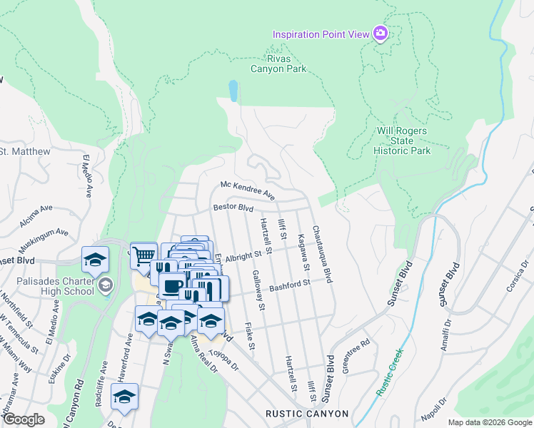 map of restaurants, bars, coffee shops, grocery stores, and more near 14727 Bestor Boulevard in Los Angeles