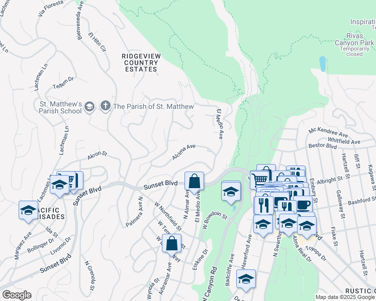 map of restaurants, bars, coffee shops, grocery stores, and more near 15965 Alcima Avenue in Los Angeles