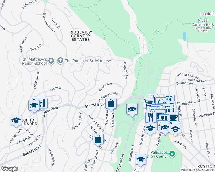 map of restaurants, bars, coffee shops, grocery stores, and more near 15960 Alcima Avenue in Los Angeles