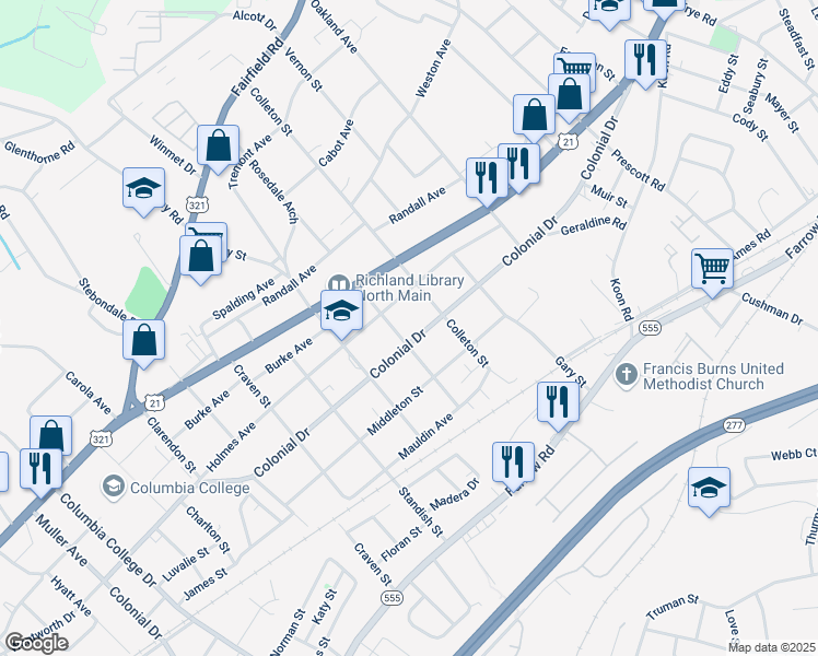 map of restaurants, bars, coffee shops, grocery stores, and more near 5404 Holmes Avenue in Columbia