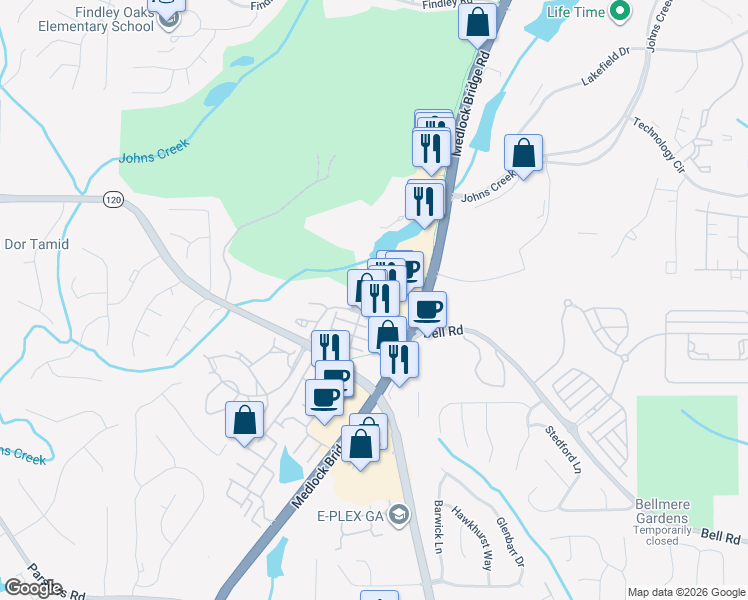 map of restaurants, bars, coffee shops, grocery stores, and more near 852 Old Plank Square in Duluth