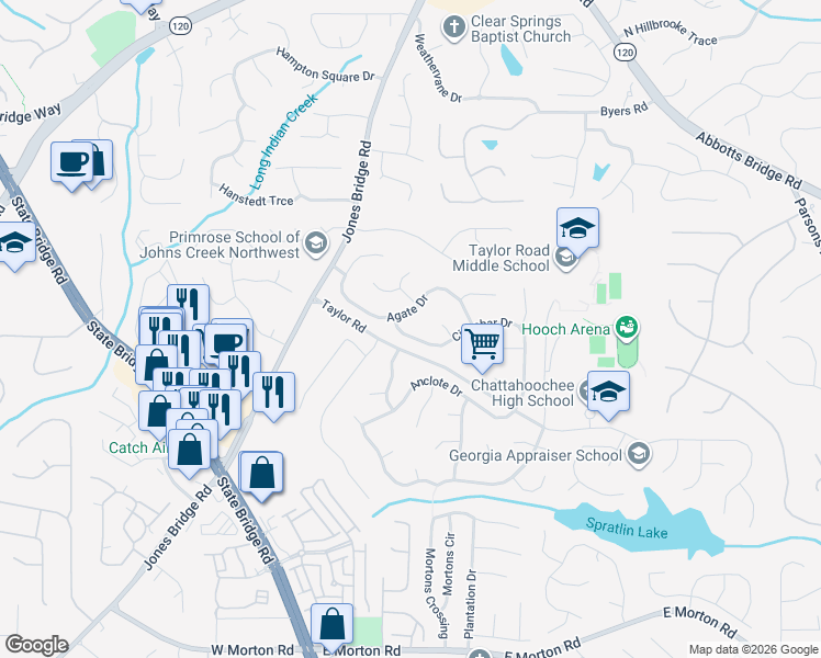 map of restaurants, bars, coffee shops, grocery stores, and more near 4920 Cinnabar Drive in Alpharetta