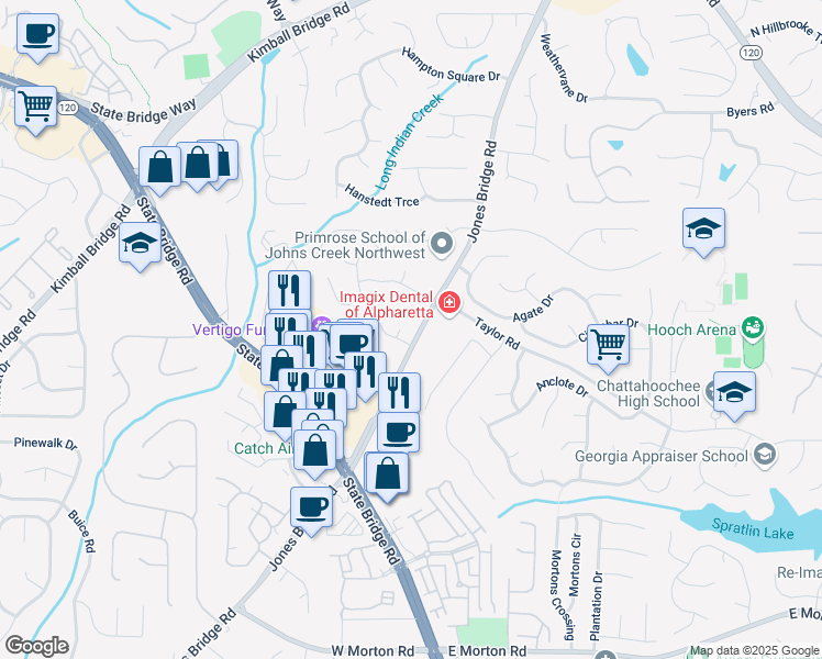 map of restaurants, bars, coffee shops, grocery stores, and more near 115 Yatley Court in Alpharetta